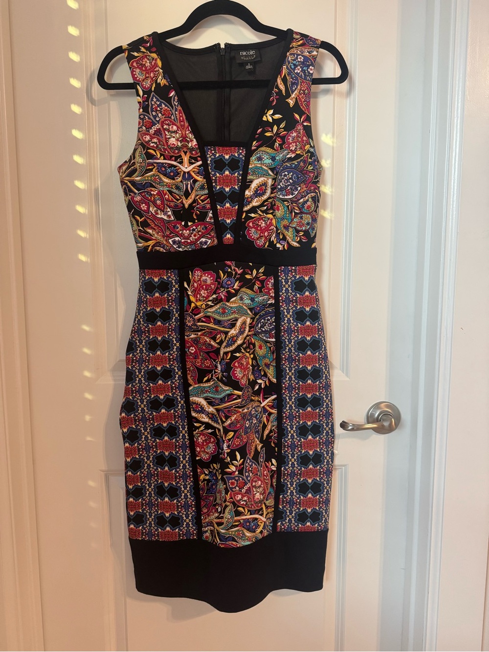 Nicole by Nicole Miller Black Multicolor Paisley Panel Sheath Dress